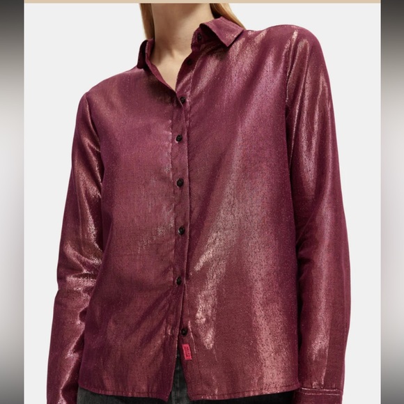Scotch & Soda Cotton/Lurex Regular Fit Button Down Shirt in Aubergine. - Picture 4 of 13
